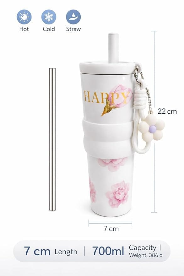 Cute Floral White Tumbler with lid & Straw - Image 2