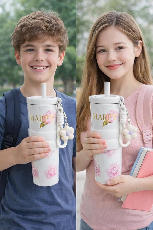 Cute Floral White Tumbler with lid & Straw - Image 3