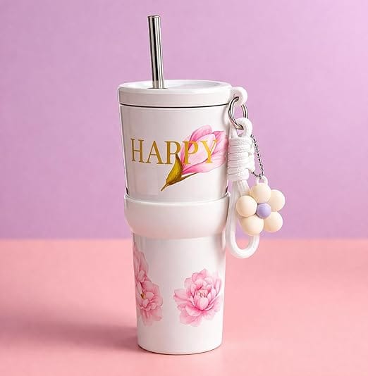 Cute Floral White Tumbler with lid & Straw