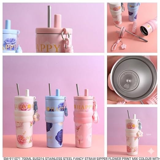 Cute Floral White Tumbler with lid & Straw - Image 4